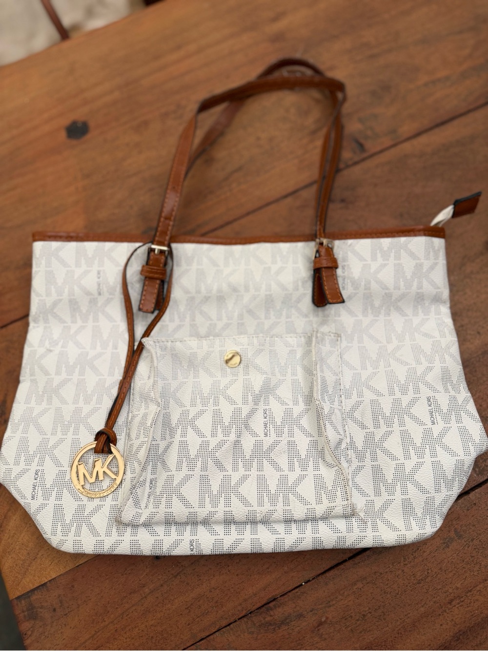 Michael Kors Cream MK Monogram Tote with Brown Leather Trim
